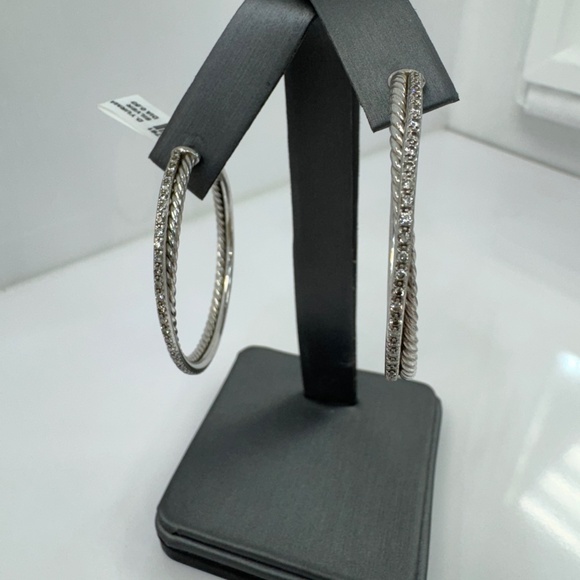 David Yurman Sterling Silver & Diamond Cable Classic Hoop Earrings - Picture 2 of 8